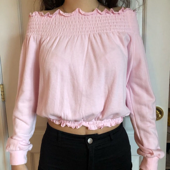 pink off the shoulder sweater ruffled long sleeves - Picture 1 of 1